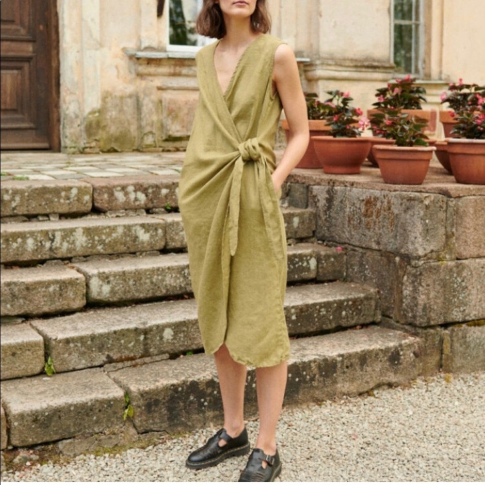 Linenfox olive colored Zoe wrap dress